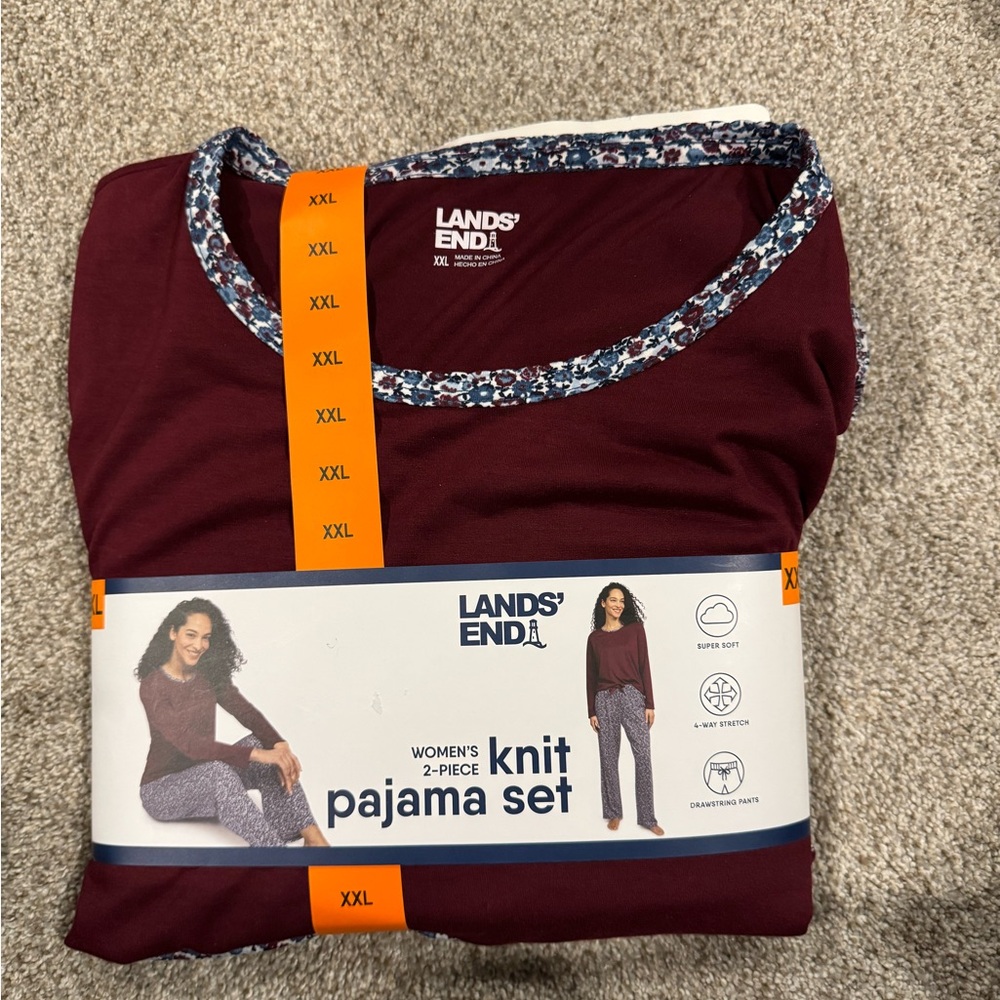 Lands' End Women's Knit Pajama Set - Burgundy and Blue
